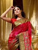 HOUSE OF BEGUM Womens Red Banarasi Satin Silk Saree With Stone Work with blouse piece-5
