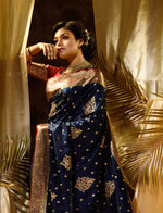 HOUSE OF BEGUM Womens Navy Blue Banarasi Satin Silk Saree With Stone Work with blouse piece-5