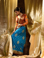 HOUSE OF BEGUM Womens Light Blue Banarasi Satin Silk Saree With Stone Work with blouse piece-3