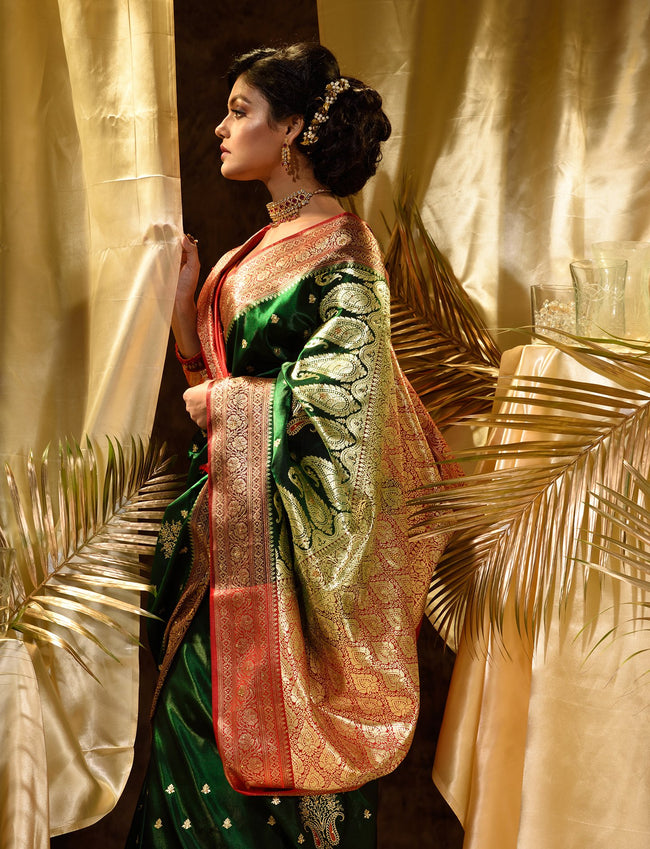 HOUSE OF BEGUM Womens Green Banarasi Satin Silk Saree With Stone Work with blouse piece