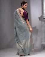HOUSE OF BEGUM Women's Light Grey Linen Woven Saree with Unstitched Printed Blouse-2
