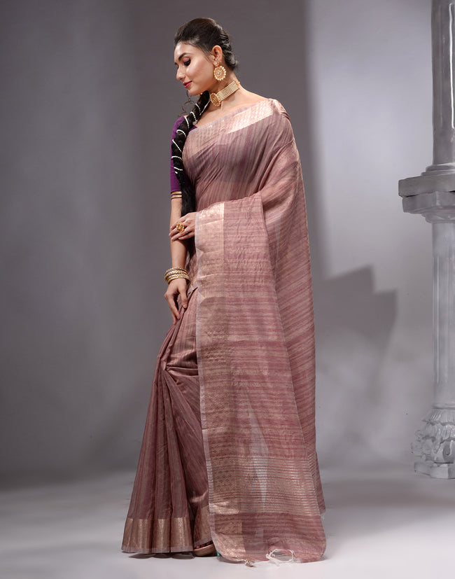 HOUSE OF BEGUM Women's Dusty Pink Linen Woven Saree with Unstitched Printed Blouse