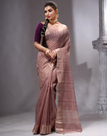 HOUSE OF BEGUM Women's Dusty Pink Linen Woven Saree with Unstitched Printed Blouse-4