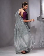 HOUSE OF BEGUM Women's Grey Linen Woven Saree with Unstitched Printed Blouse-2