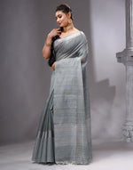 HOUSE OF BEGUM Women's Grey Linen Woven Saree with Unstitched Printed Blouse-3