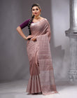 HOUSE OF BEGUM Women's Dusty Peach Linen Woven Saree with Unstitched Printed Blouse