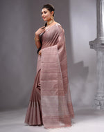 HOUSE OF BEGUM Women's Dusty Peach Linen Woven Saree with Unstitched Printed Blouse-3