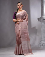 HOUSE OF BEGUM Women's Dusty Peach Linen Woven Saree with Unstitched Printed Blouse-4