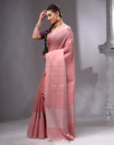 HOUSE OF BEGUM Women's Peach Linen Woven Saree with Unstitched Printed Blouse