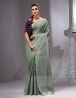 HOUSE OF BEGUM Women's Green Linen Woven Saree with Unstitched Printed Blouse