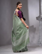 HOUSE OF BEGUM Women's Green Linen Woven Saree with Unstitched Printed Blouse-2