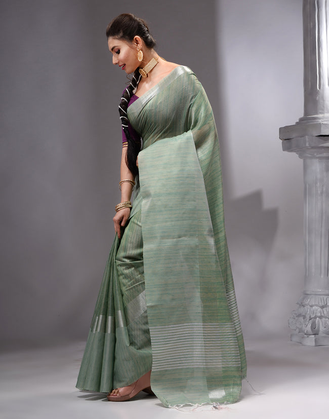 HOUSE OF BEGUM Women's Green Linen Woven Saree with Unstitched Printed Blouse