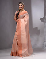 HOUSE OF BEGUM Women's Peach Linen Woven Saree with Unstitched Printed Blouse-3