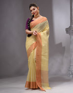 HOUSE OF BEGUM Women's Gold Yellow Linen Woven Saree with Unstitched Printed Blouse-4
