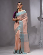 HOUSE OF BEGUM Women's Peach Linen Woven Saree with Unstitched Printed Blouse-4