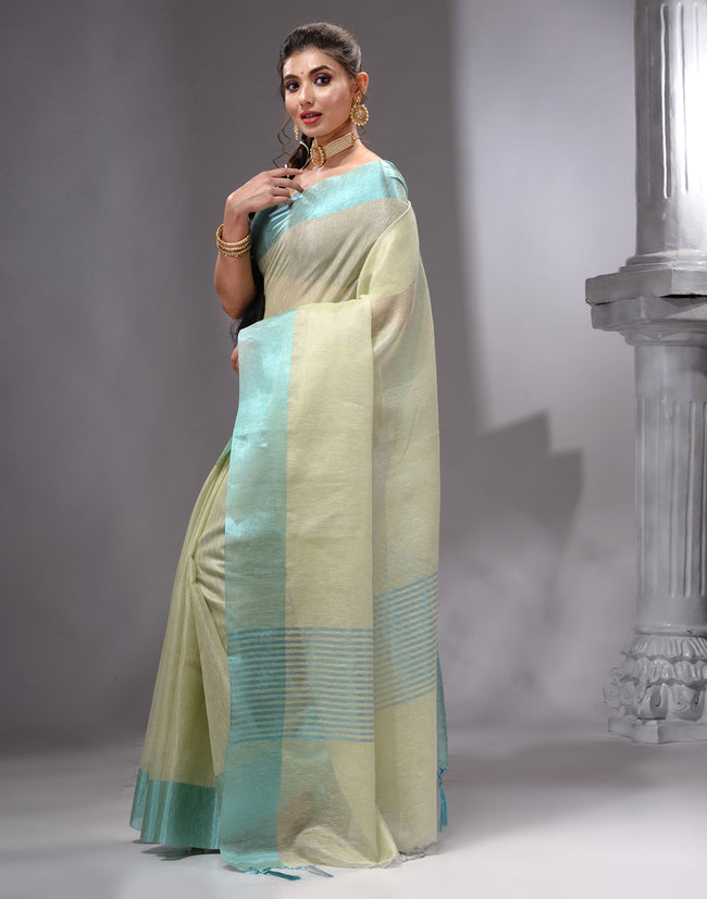 HOUSE OF BEGUM Women's Light Yellow Linen Woven Saree with Unstitched Printed Blouse