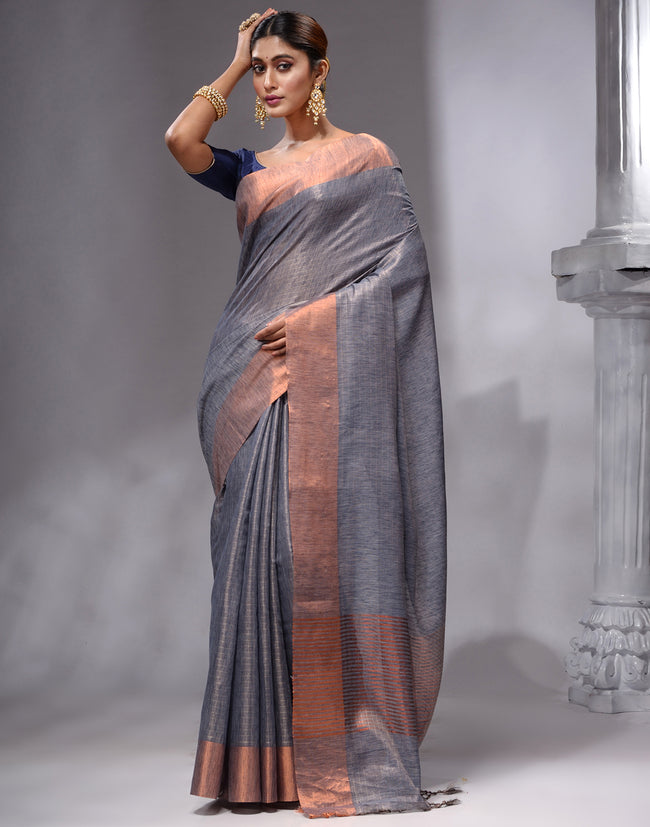HOUSE OF BEGUM Women's Grey Linen Woven Saree with Unstitched Printed Blouse