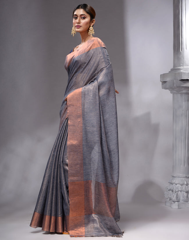 HOUSE OF BEGUM Women's Grey Linen Woven Saree with Unstitched Printed Blouse