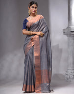 HOUSE OF BEGUM Women's Grey Linen Woven Saree with Unstitched Printed Blouse-4