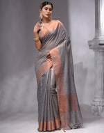 HOUSE OF BEGUM Women's Dark Grey Linen Woven Saree with Unstitched Printed Blouse