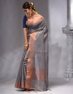 HOUSE OF BEGUM Women's Dark Grey Linen Woven Saree with Unstitched Printed Blouse-4