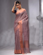 HOUSE OF BEGUM Women's Lavender Pink Linen Woven Saree with Unstitched Printed Blouse-4