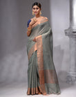 HOUSE OF BEGUM Women's Dark Green Linen Woven Saree with Unstitched Printed Blouse