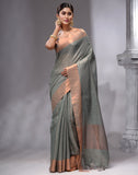 HOUSE OF BEGUM Women's Dark Green Linen Woven Saree with Unstitched Printed Blouse