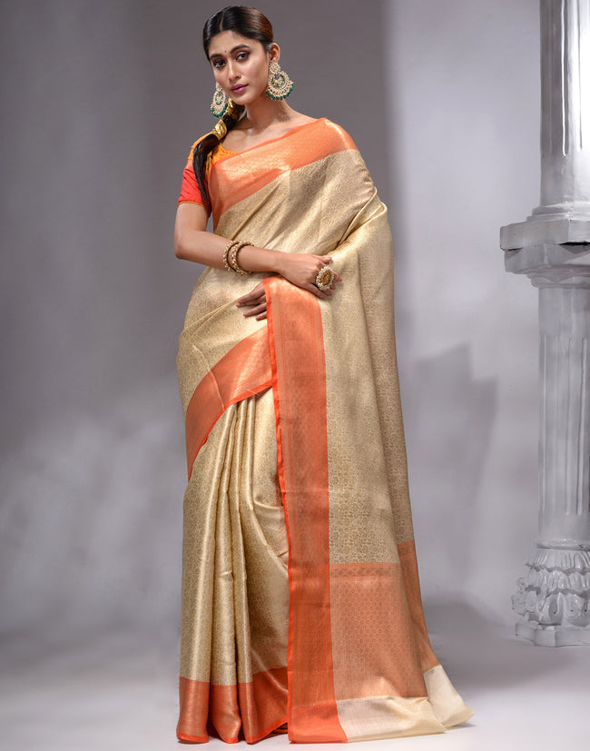HOUSE OF BEGUM Women's Gold Yellow Linen Woven Saree with Unstitched Printed Blouse