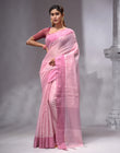 HOUSE OF BEGUM Women's Pink Linen Woven Saree with Unstitched Printed Blouse