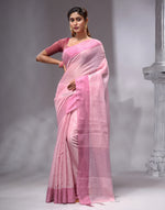 HOUSE OF BEGUM Women's Pink Linen Woven Saree with Unstitched Printed Blouse