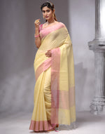 HOUSE OF BEGUM Women's Yellow Linen Woven Saree with Unstitched Printed Blouse
