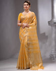 HOUSE OF BEGUM Women's Yellow Linen Woven Saree with Unstitched Printed Blouse