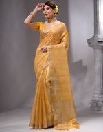HOUSE OF BEGUM Women's Yellow Linen Woven Saree with Unstitched Printed Blouse-4