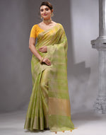 HOUSE OF BEGUM Women's Light Green Linen Woven Saree with Unstitched Printed Blouse