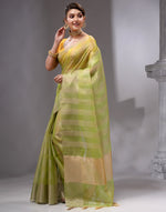 HOUSE OF BEGUM Women's Light Green Linen Woven Saree with Unstitched Printed Blouse-3