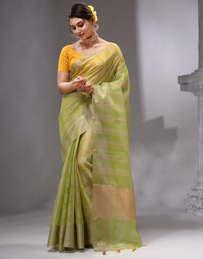 HOUSE OF BEGUM Women's Light Green Linen Woven Saree with Unstitched Printed Blouse