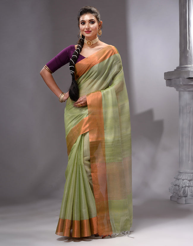 HOUSE OF BEGUM Women's Pista Green Linen Woven Saree with Unstitched Printed Blouse
