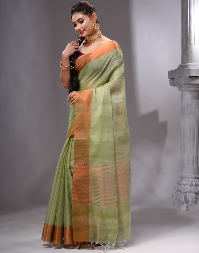 HOUSE OF BEGUM Women's Pista Green Linen Woven Saree with Unstitched Printed Blouse