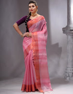 HOUSE OF BEGUM Women's Pink Linen Woven Saree with Unstitched Printed Blouse-3