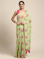 HOUSE OF BEGUM Womens Light Green Motif Weave Lightweight Chanderi Banarasi Silk Saree With Blouse Piece
