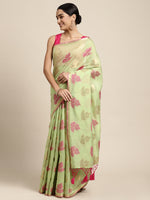 HOUSE OF BEGUM Womens Light Green Motif Weave Lightweight Chanderi Banarasi Silk Saree With Blouse Piece-3