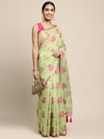 HOUSE OF BEGUM Womens Light Green Motif Weave Lightweight Chanderi Banarasi Silk Saree With Blouse Piece-4