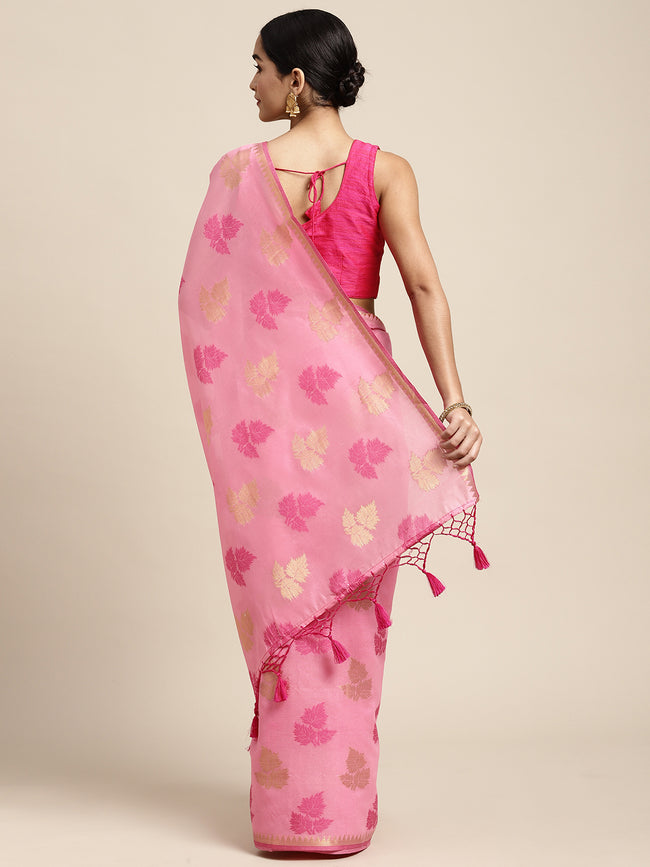 HOUSE OF BEGUM Womens Pink Motif Weave Lightweight Chanderi Banarasi Silk Saree With Blouse Piece