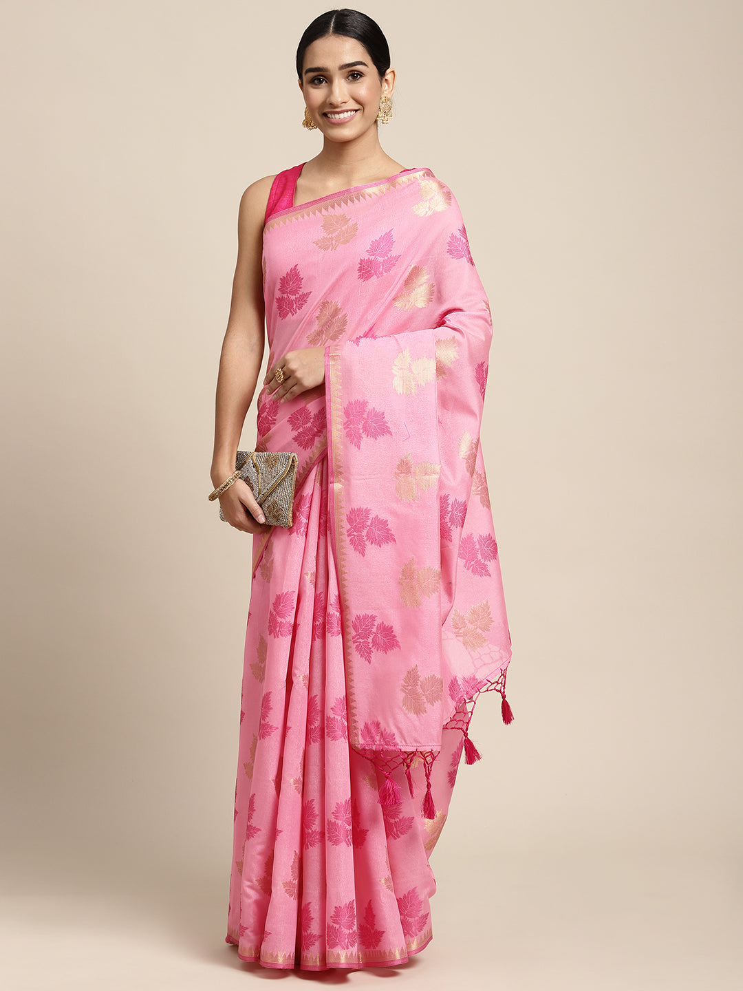 HOUSE OF BEGUM Womens Pink Motif Weave Lightweight Chanderi Banarasi Silk Saree With Blouse Piece