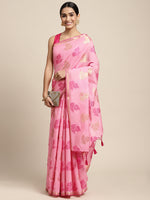 HOUSE OF BEGUM Womens Pink Motif Weave Lightweight Chanderi Banarasi Silk Saree With Blouse Piece-3