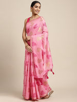 HOUSE OF BEGUM Womens Pink Motif Weave Lightweight Chanderi Banarasi Silk Saree With Blouse Piece-4