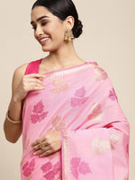 HOUSE OF BEGUM Womens Pink Motif Weave Lightweight Chanderi Banarasi Silk Saree With Blouse Piece-5