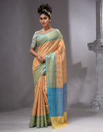 HOUSE OF BEGUM Women's Yellow Linen Woven Zari Work Saree with Unstitched Printed Blouse