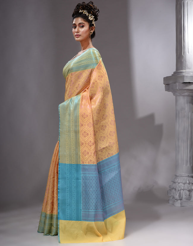 HOUSE OF BEGUM Women's Yellow Linen Woven Zari Work Saree with Unstitched Printed Blouse